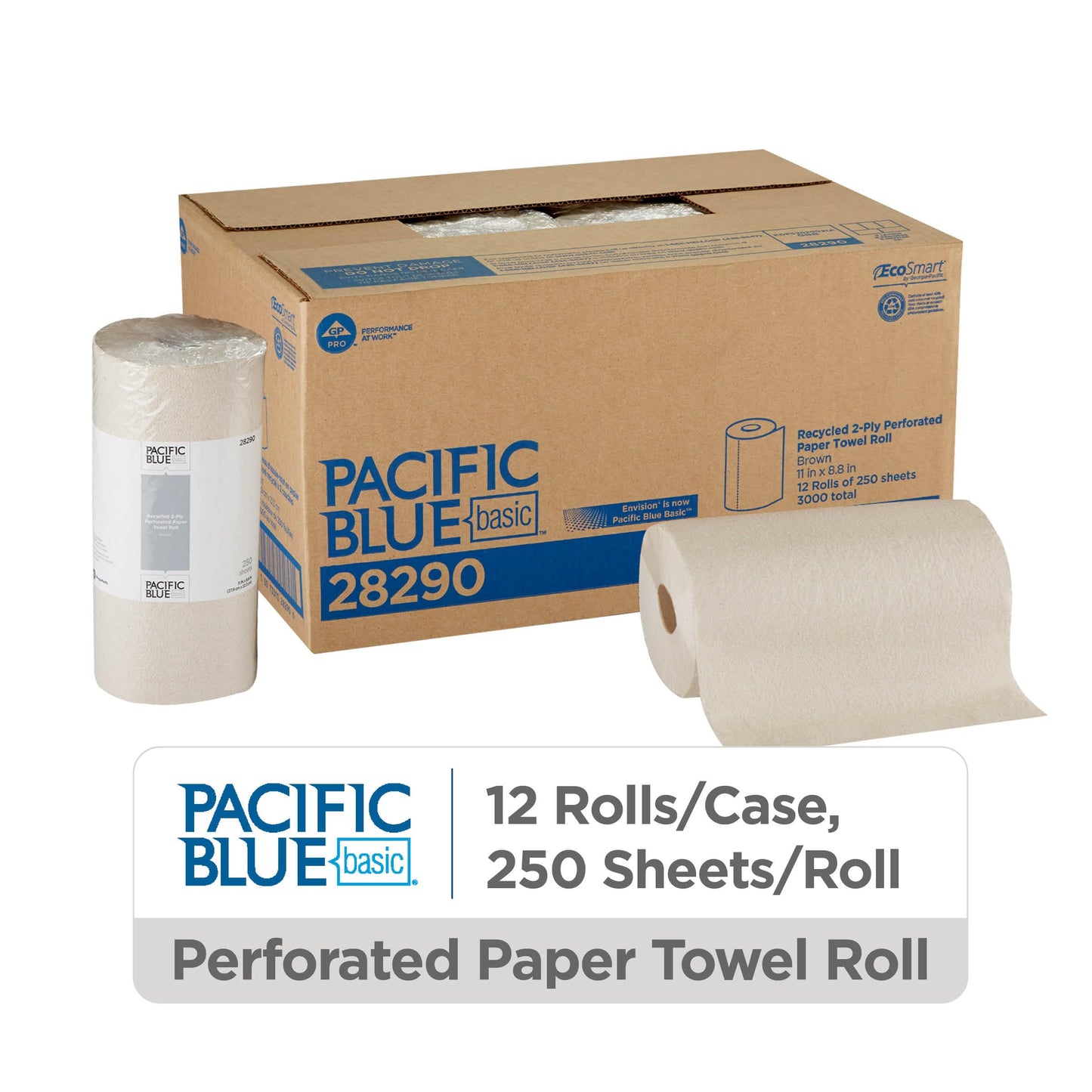 Georgia-Pacific Pacific Blue Basic 2-Ply Recycled Perforated Paper Roll Towel (Previously Branded Envision) By GP PRO (Georgia-Pacific), Brown, 28290, 250 Sheets Per Roll, 12 Rolls Per Case