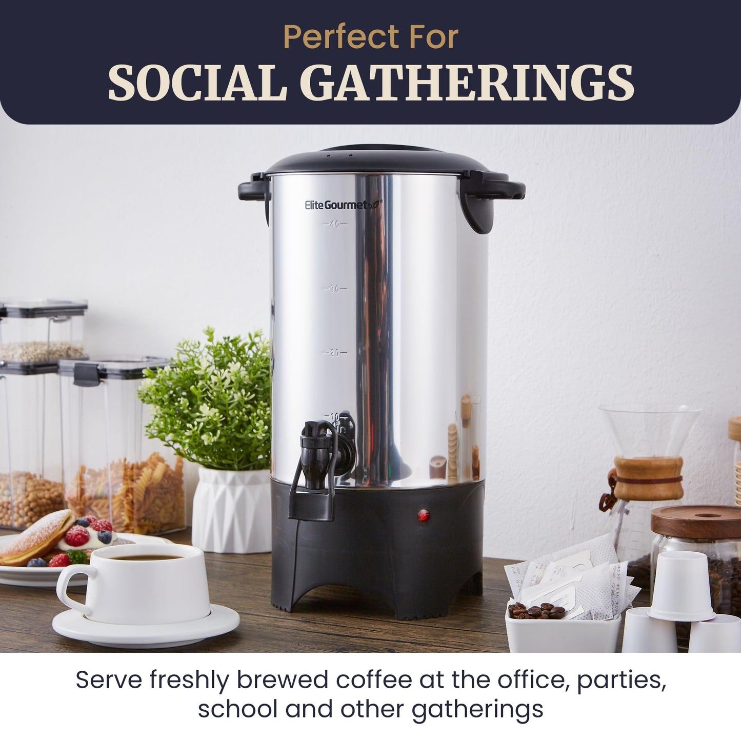 Elite Gourmet CCM040X 40 Cup Electric Hot Water Coffee Brewer Urn, Removable Filter For Easy Cleanup, Two Way Dispenser with Cool-Touch Handles, Stainless Steel