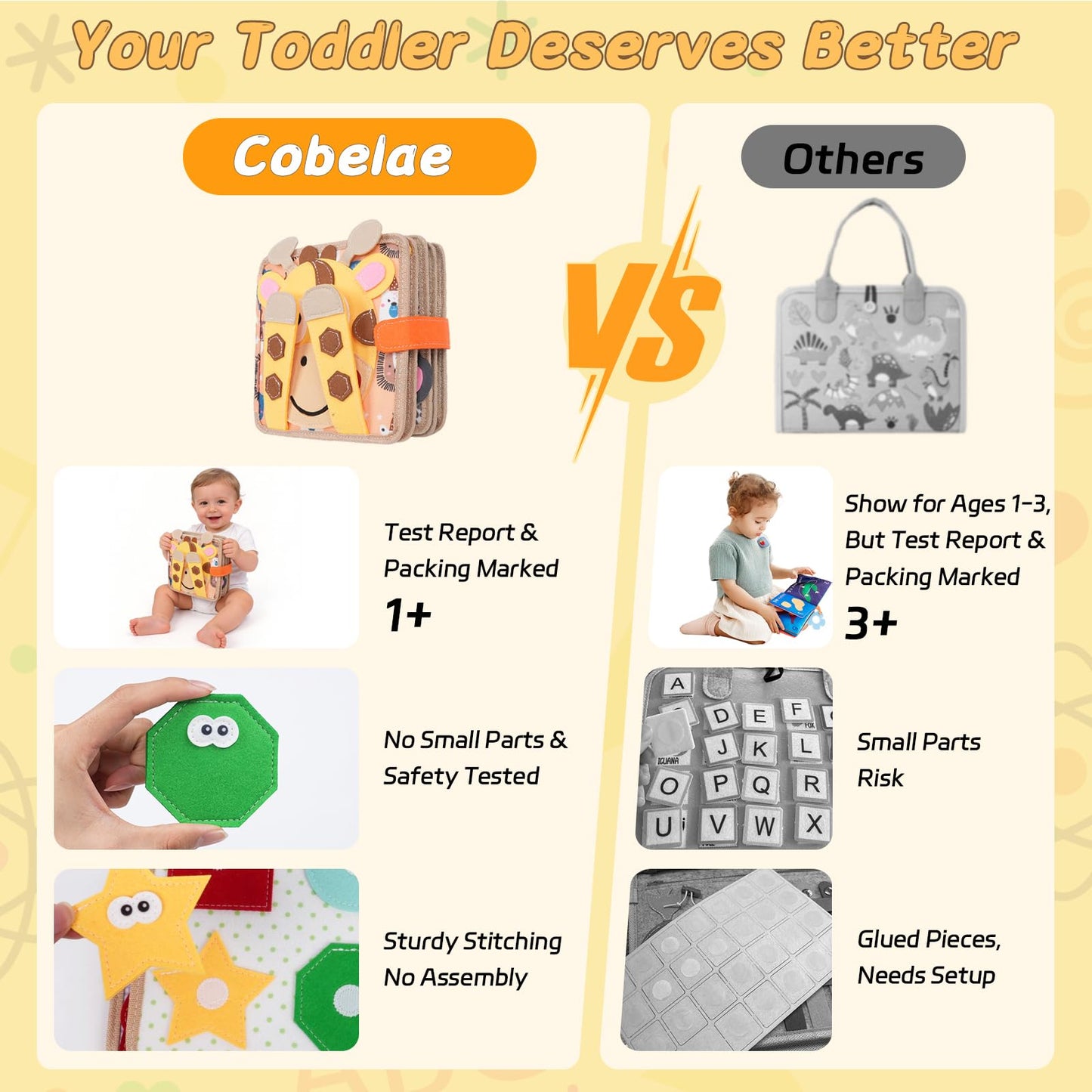 Cobelae Montessori Busy Book for Toddlers Ages 1-3, Felt Busy Board, Silent Book, Preschool Learning Activity Books for Babies, Travel Toys for Toddlers