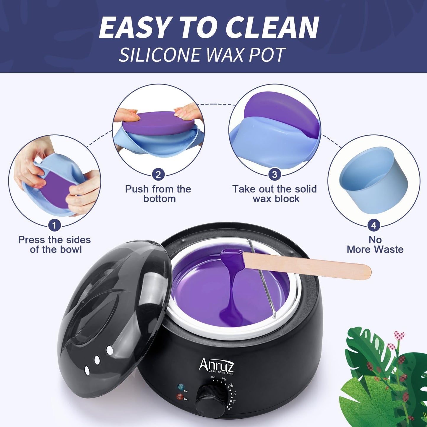 Anruz Waxing Kit for Women Men - Wax Kit for Hair Removal with Silicone Bowl,4 Bags Hard Wax Beads and 30 Applicator Sticks - at Home Use Wax Warmer for Full Body,Bikini,Eyebrow,Face, Sensitive Skin