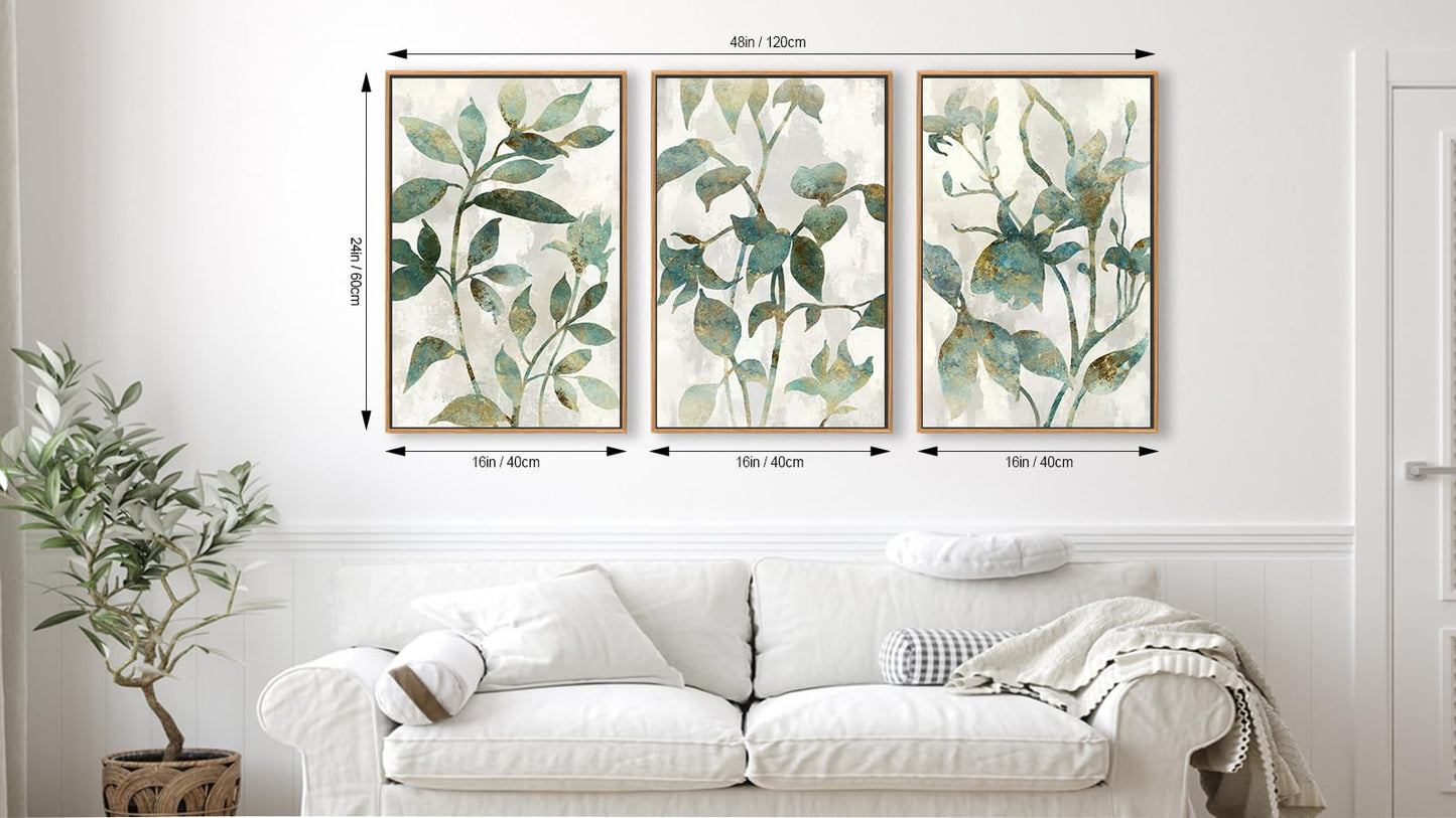 Large Framed Canvas Wall Art - Natural Float Framed Rustic Green Flowers Leaves Pictures Paintings White Grey Artwork Decor for Bedroom Living Room Kitchen Home Office Decoration 48" X 24" Set of 3