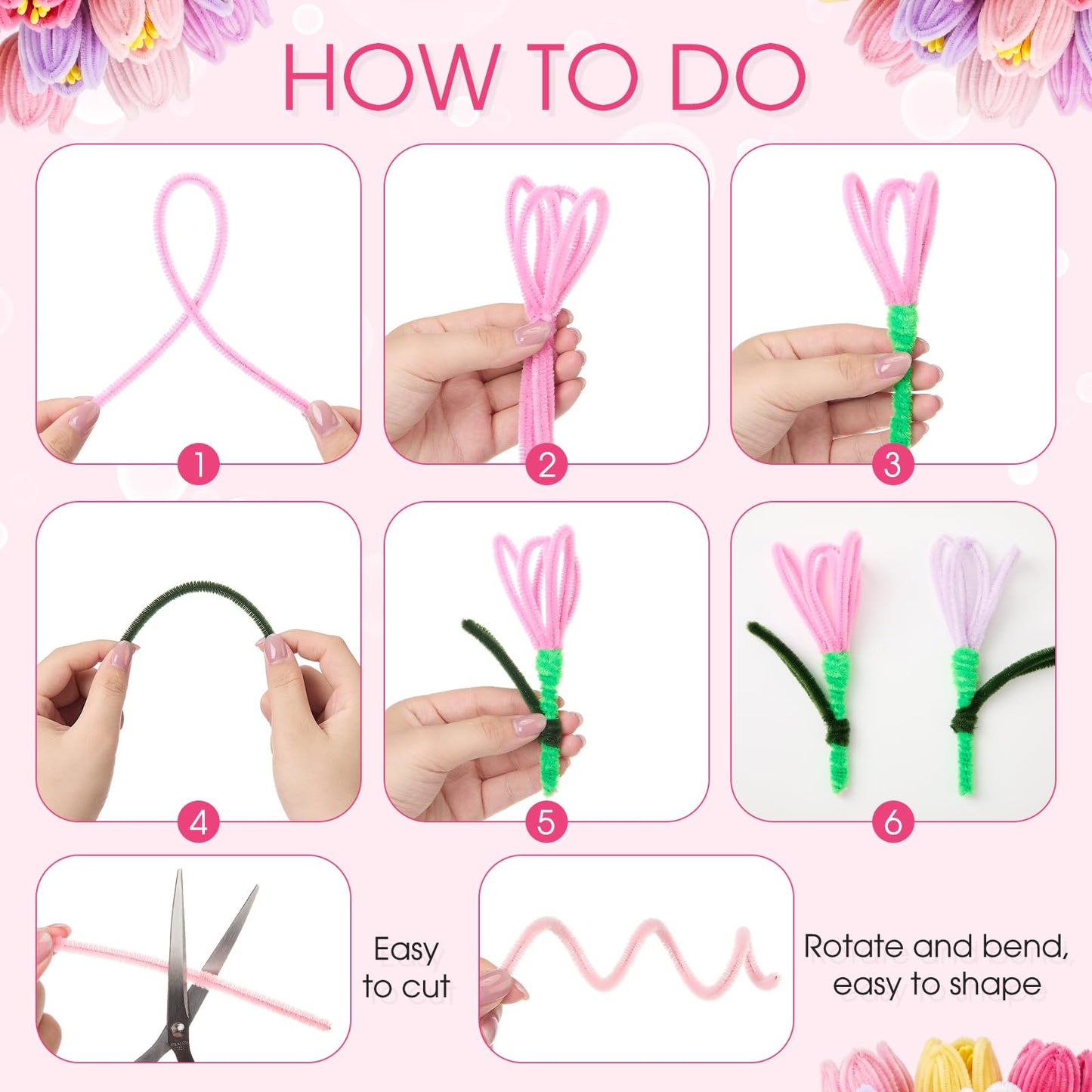 Chicplaid 800 Pcs Pipe Cleaners Craft, Pipe Cleaners Flowers Kit, 8 Colors Chenille Stems with Floral Wires, Gardening Tape, Stamen, Floral Wrapping Paper & Ribbon for DIY Craft Supplies