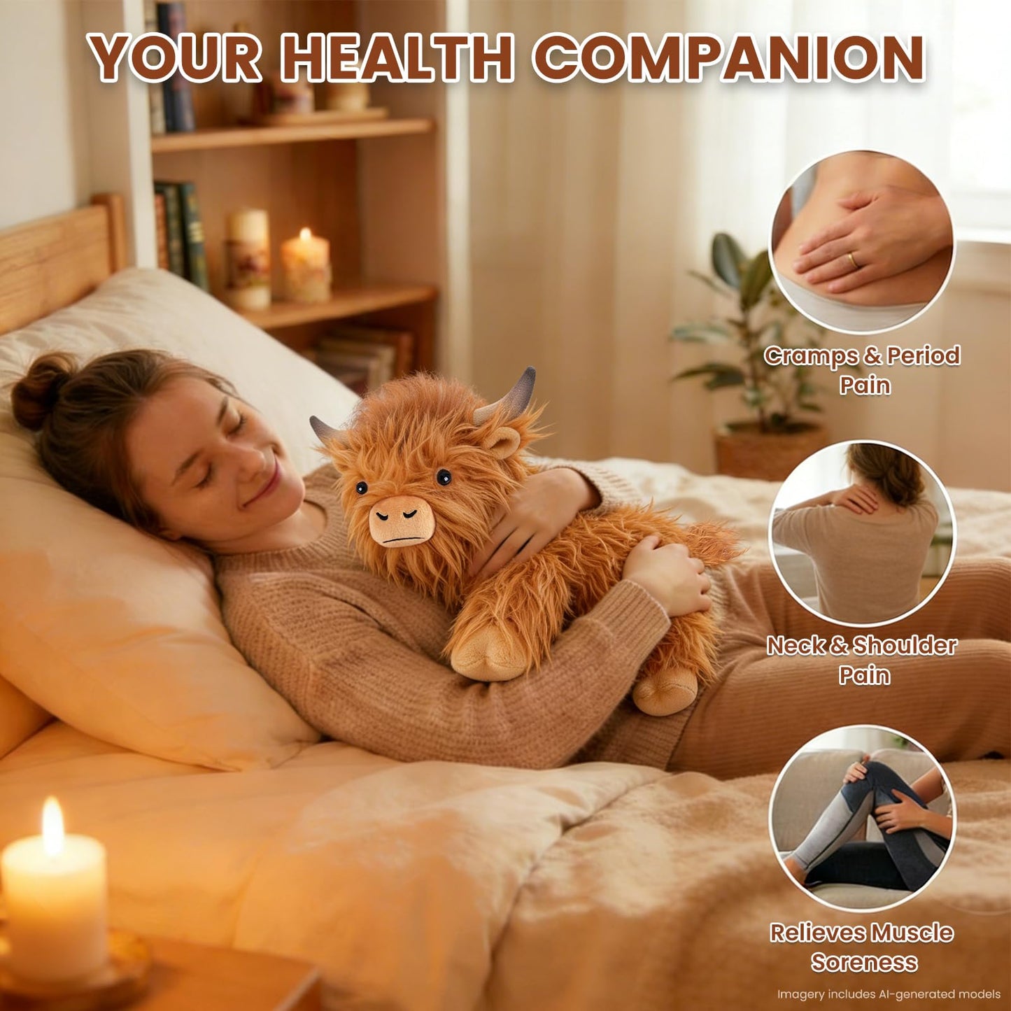 SuzziPals Heatable Coolable Weighted Highland Cow Stuffed Animal, Microwavable Stuffed Animals Peirod Heating Pad for Cramps, Cuddly Soft Plushies for Warmth & Companion, Highland Cow Gifts for Women