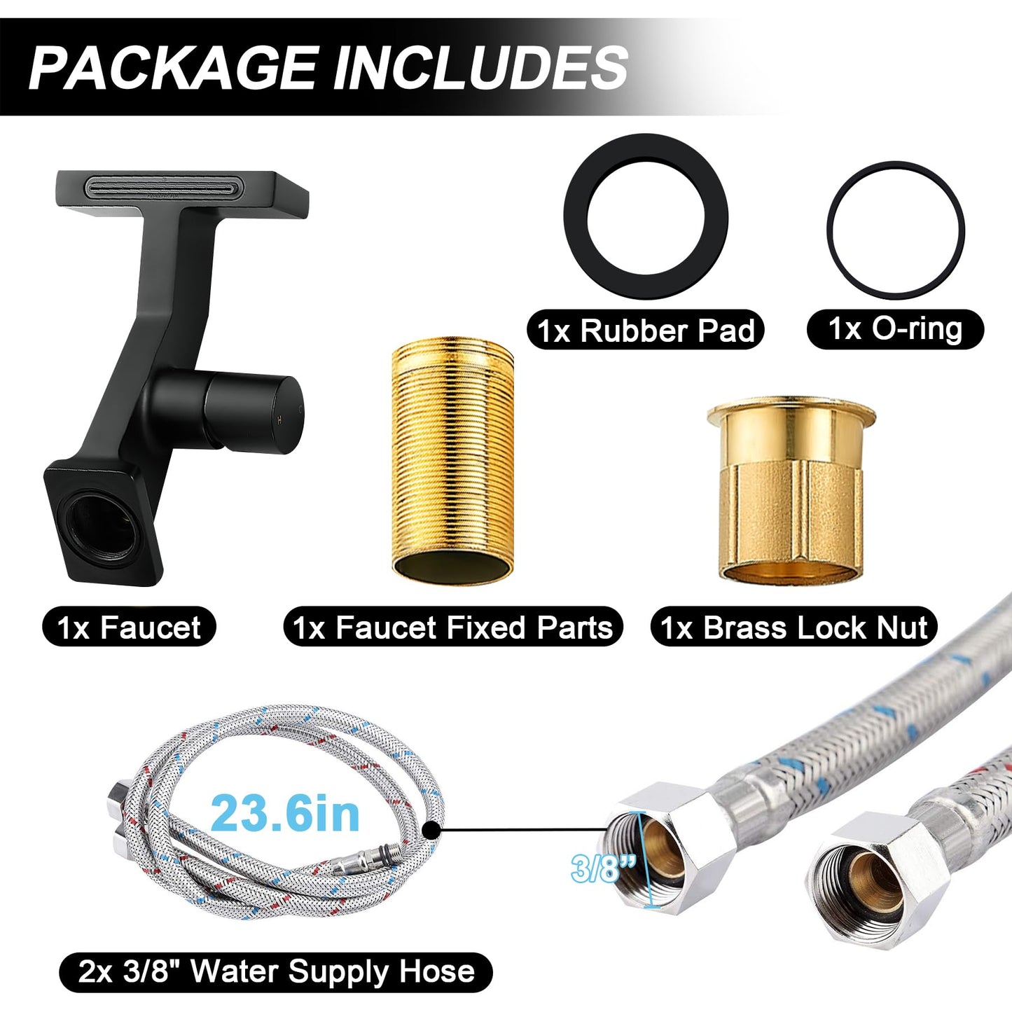 BAKALA Black Waterfall Bathroom Faucets, Single Hole Single Handle Brass Bathroom Sink Faucet Deck Mount, Rv Lavatory Vanity Faucet with 2 Supply Holes