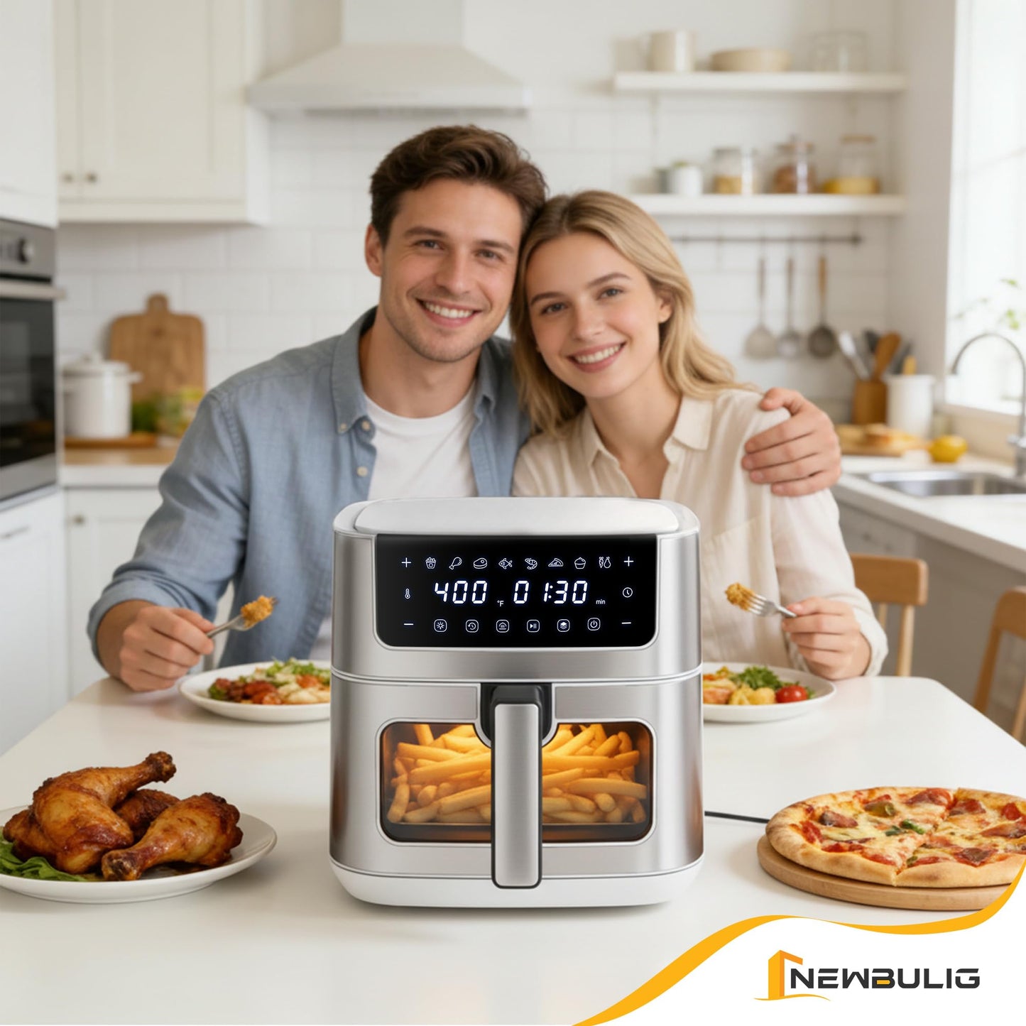 NEWBULIG Air Fryer 6.34QT Airfryer with Visible Window Stainless Steel