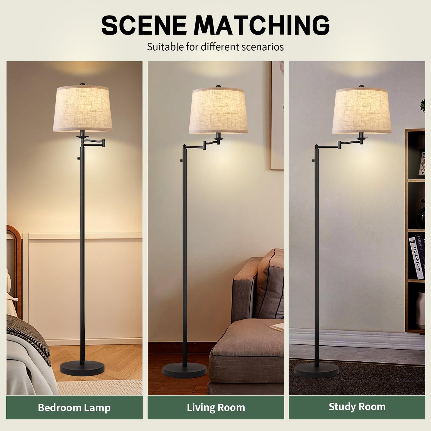 Ruiever Dimmer LED Floor Lamp,Tall Standing Lamp with Swing Arm,Black Lamp with Dimmer LED Bulb,Elegant Floor Lamp for Living Rooms & Bedroom (Black)