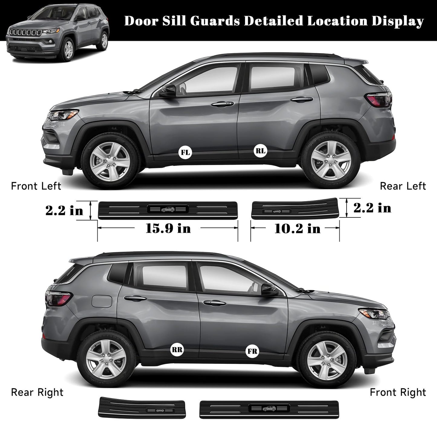 PeakPurit 4PCS Car Door Edge Guards Door Sill Protector for Jeep 2017-2026 Compass Accessories Black Brushed Stainless Steel Material Car Door Threshold Protection