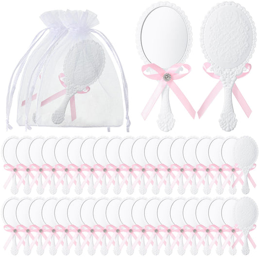 Beeveer 36 Sets Vintage Handheld Mirror Bulk Retro Embossed Compact Princess Makeup Mirror with Handle with Organza Bags for Princess Party Favors Travel Wedding Bridal Shower Gifts