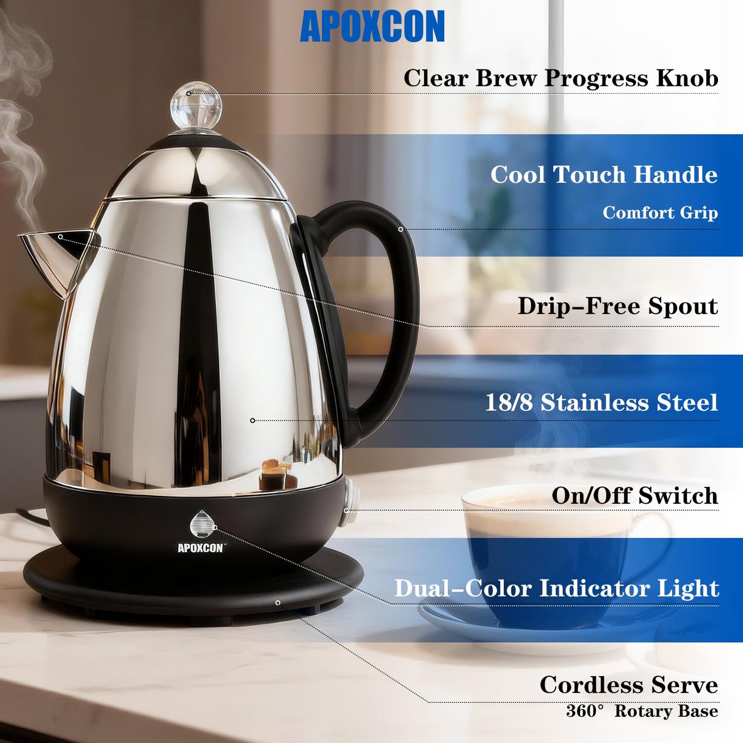 APOXCON Electric Coffee Percolator Stainless Steel Coffee Maker with Clear Brew Progress Knob & Cleaning Brush Auto Keep Warm Cordless Serving elegant design Coffee pot with On/OFF Switch (10 Cup)
