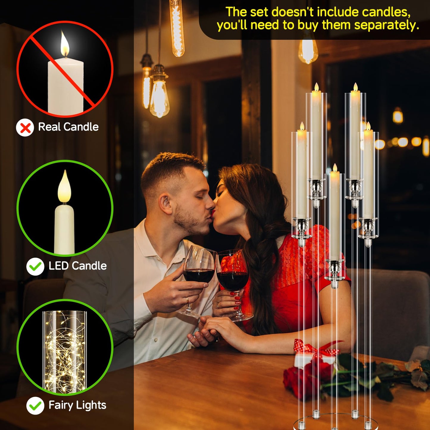 4 Set 5 Arms Acrylic Candelabra Centerpieces for Wedding Table Decorations,Clear Candlesticks Holder with Acrylic Shade for Valentine's Day Dinner Party Fireplace Gift Fit LED Candle