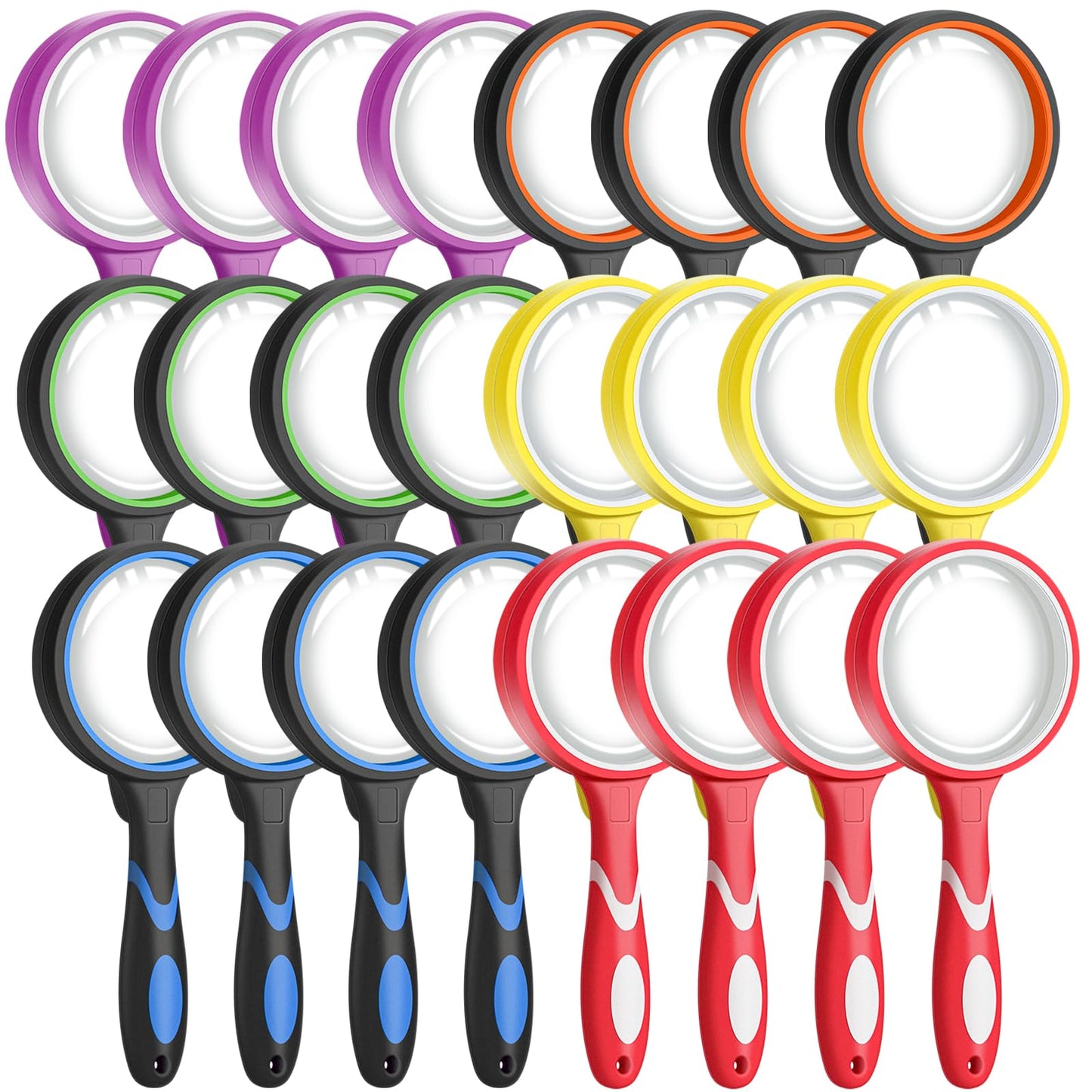 Leffis 24 Pack Magnifying Glass, 50mm 10X Glasses Lens Reading Magnifier for Kids and Seniors, Non-Slip Handheld Magnifying Glass for Close Work, Nature Exploration