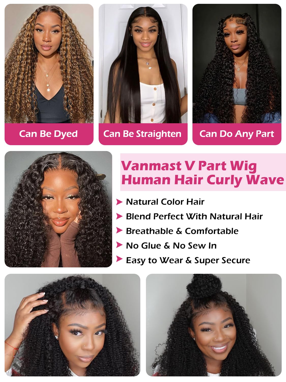 Vanmast Curly V Part Wig Human Hair Wigs for Black Women No Leave Out Upgrade U Part Kinky Curly Wig 180% Density Glueless V Shape Wig Beginner Friendly No Glue No Sew In Natural Color 20 inch