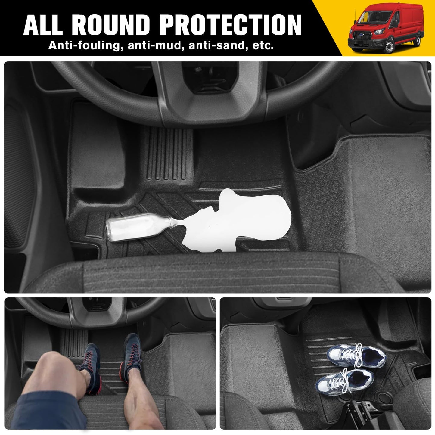 JTYZSM Floor Mat Front Liner Only for 2022-2024 Ford Transit(All Models with Vinyl Floors), All Weather TPE Cargo Mat for 2022 2023 2024 Transit Front 1st Row Accessories