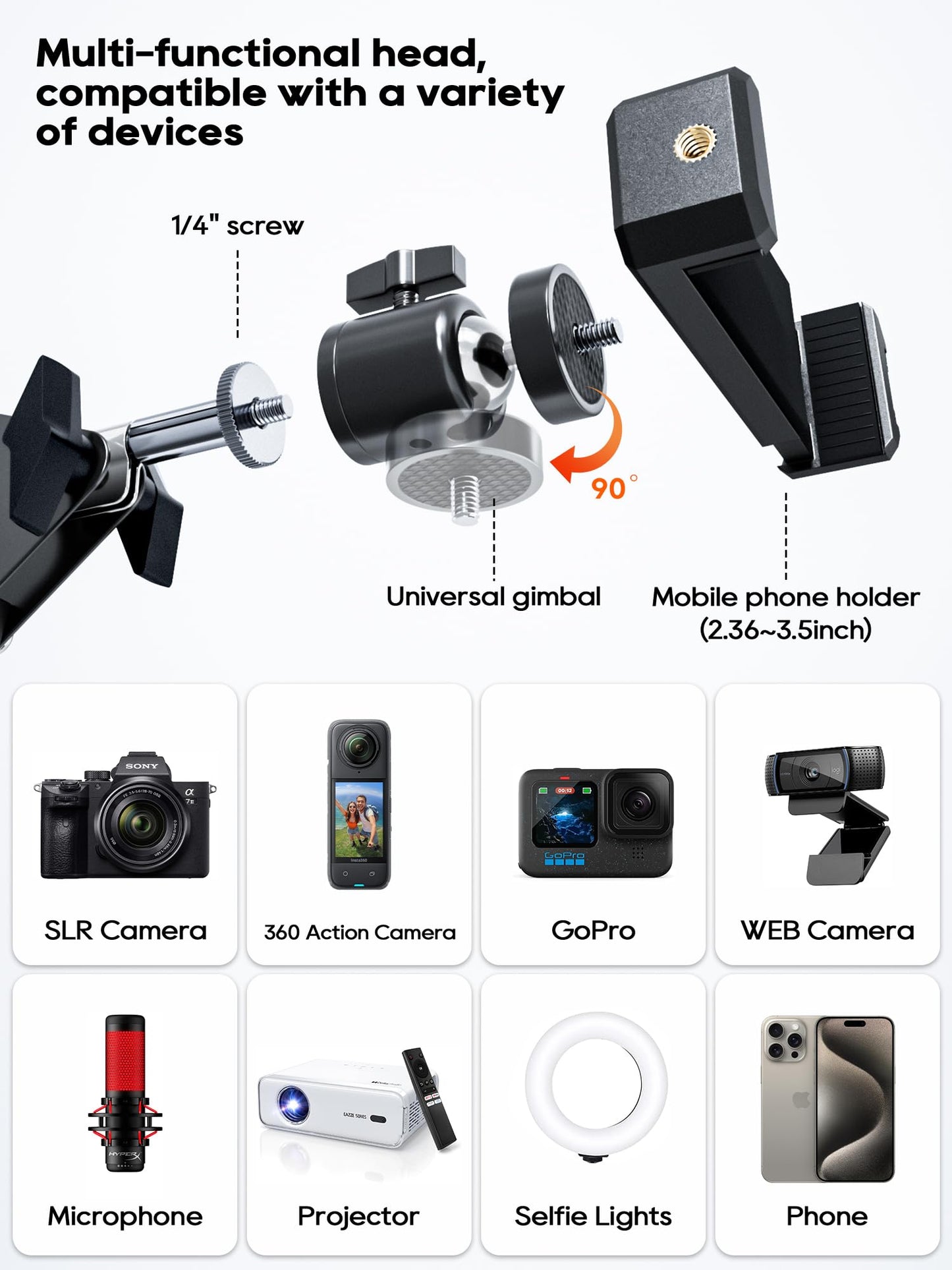 CACENCAN Overhead Camera Mount, 5lb Horizontal Load-Bearing, 360° Adjustable Camera Stand for Desk, Flexible Camera Arm Desk Mount, with Phone Clamp, Tabletop Mount for DSLR Camera/Webcam/Microphone