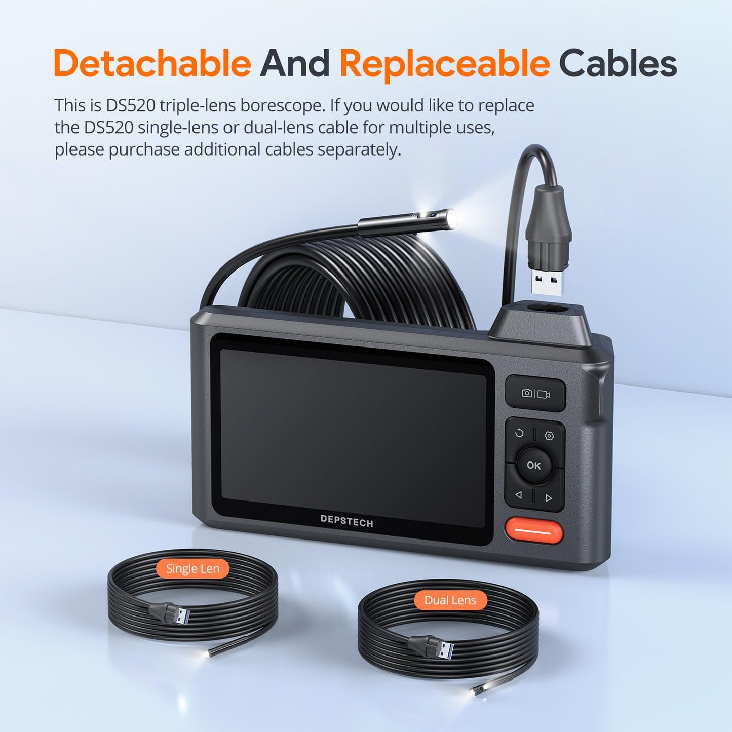 Triple Lens Borescope Tool, DEPSTECH 5" IPS Screen Endoscope Camera with Lights, 1080P Sewer Inspection Camera & Split Screen, 180° Rotation, IP67 Snake Cable, Gadget for Automotive Mechanical Repair