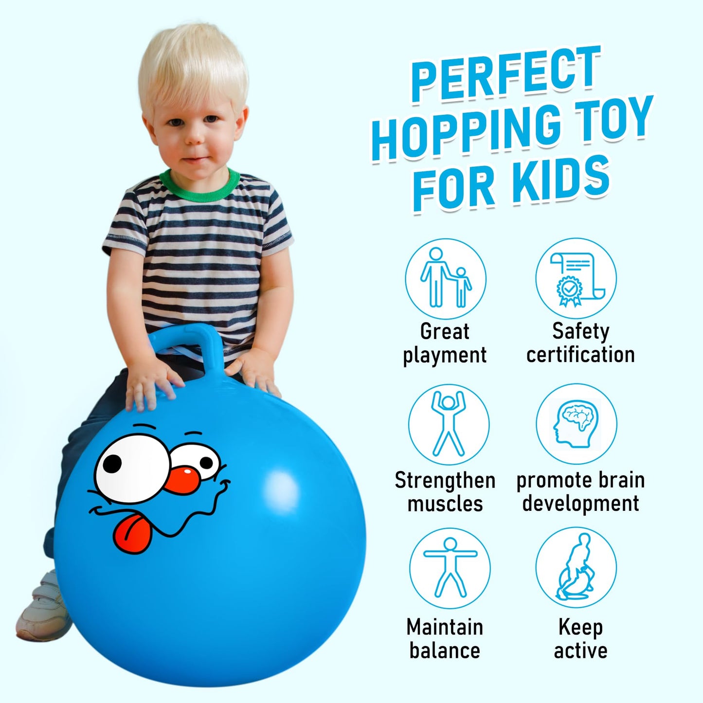 U&C Planet Jumping Ball Hopper Ball 22 inches Bouncy Ball with Handle for Kids Age 7-12 Sit and Bounce Hopping Ball with Pump
