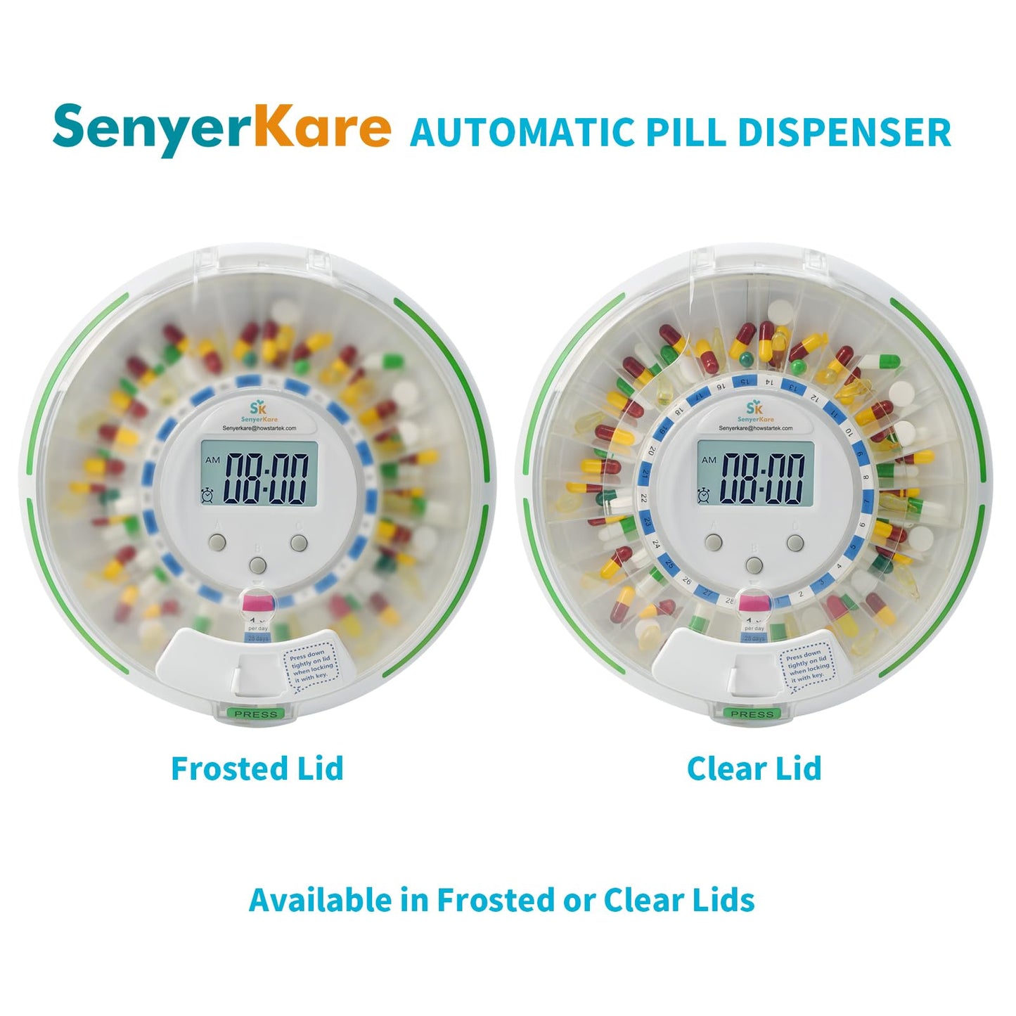 SenyerKare Automatic Pill Dispenser with Safety Lock, Flashing Light, Sound, Alarm, 28-Day Electronic Medication Dispenser for Vitamins and Tablets Up 6 Times/Day, Easy Read Display, Clear Lid