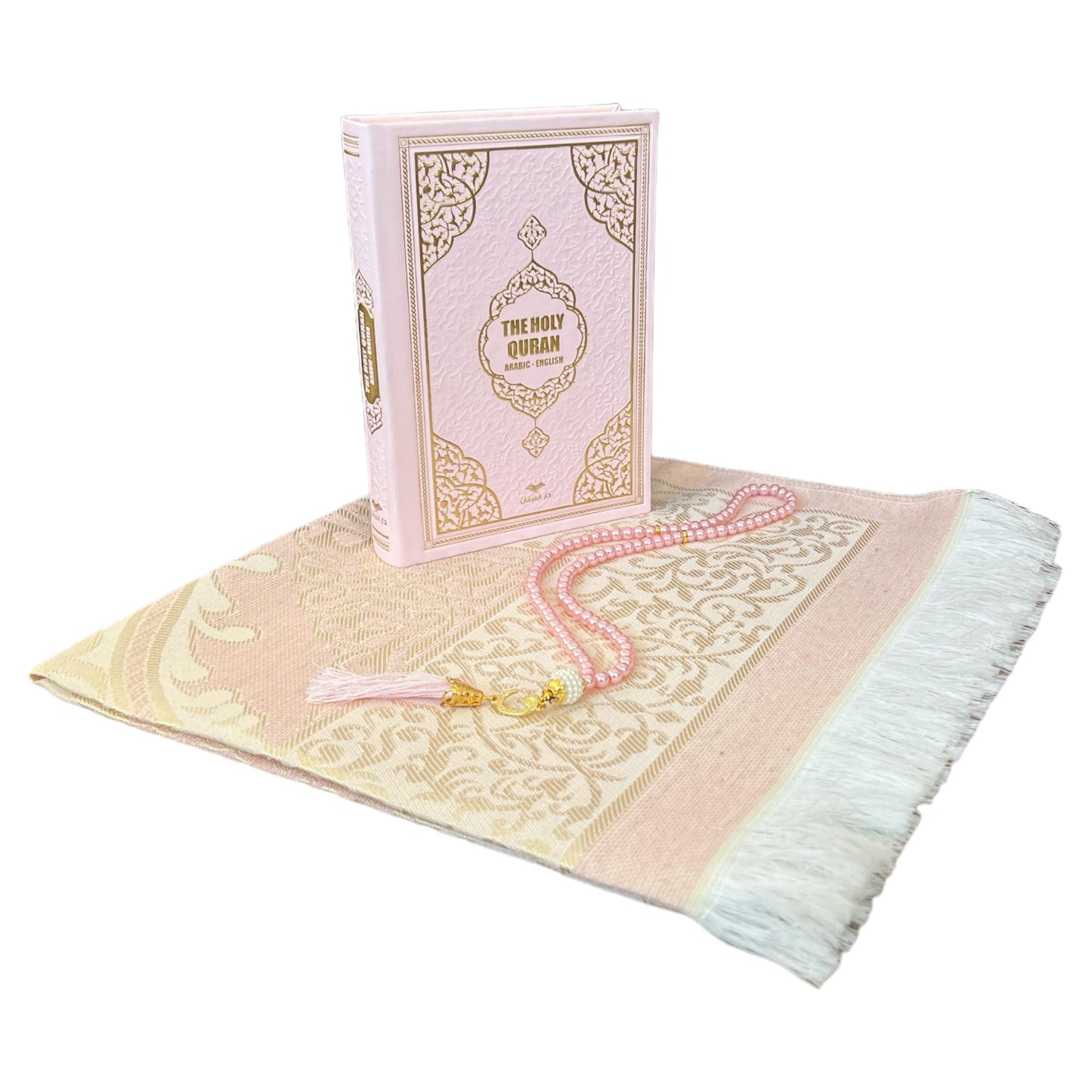 English Translate Thermo Leather Covered Quran, Tafta Prayer Mat and Beads Set |Quran Size:8x5.5x1.2 İnch/20x14x3cm | Muslim Prayer Mat | Great Ramadan Gifts for Muslim Men,Women (Pink, 1 Sets)