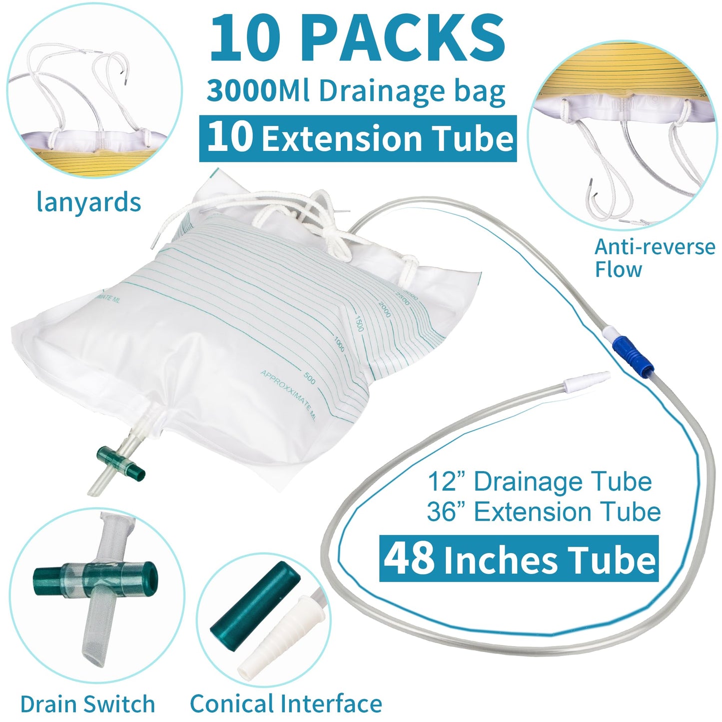 10 Packs Urinary Drainage Bags, Overnight Drain Bags with Anti-Reflux, Extra Large Volume 3000ml Urine Bag, Urinary Bags Universal Fit