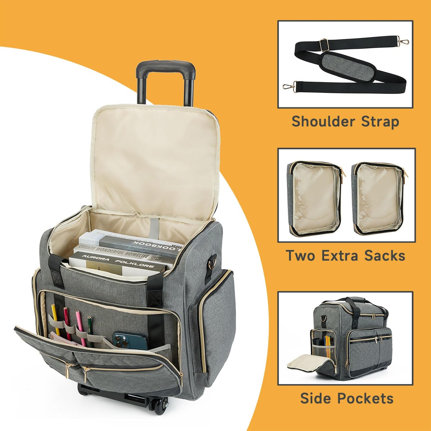 Arxus Rolling Teacher Bag with 4 Wheels, Art Tote Bag for Women with Detachable Dolly, Heavy Duty Briefcase with Padded Sleeves for 15.6” Laptop Grey
