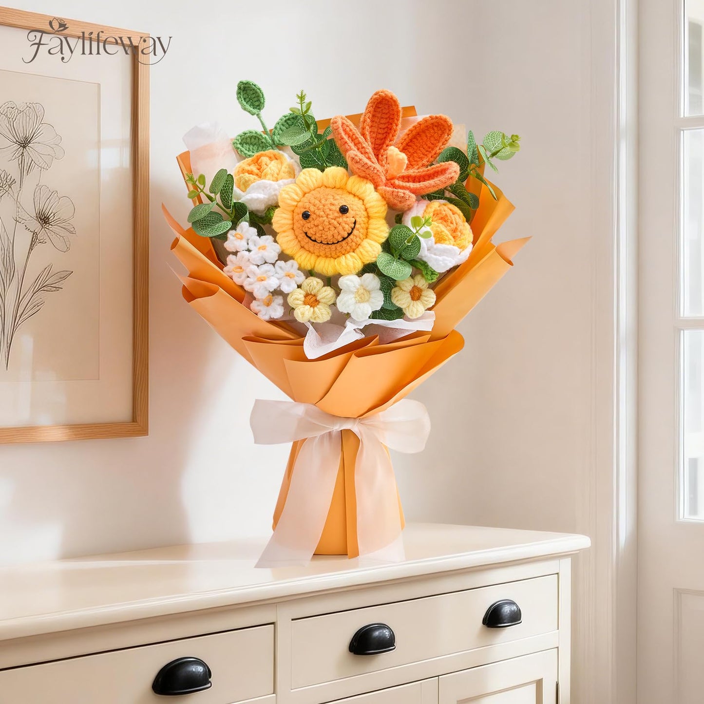 Faylifeway Crochet Flower Bouquet, Handmade Knitted Flowers,Orange Crochet Sunflower Bouquet for Lover Birthday, Anniversary, Wedding, Homecoming Gifts(Include Card)
