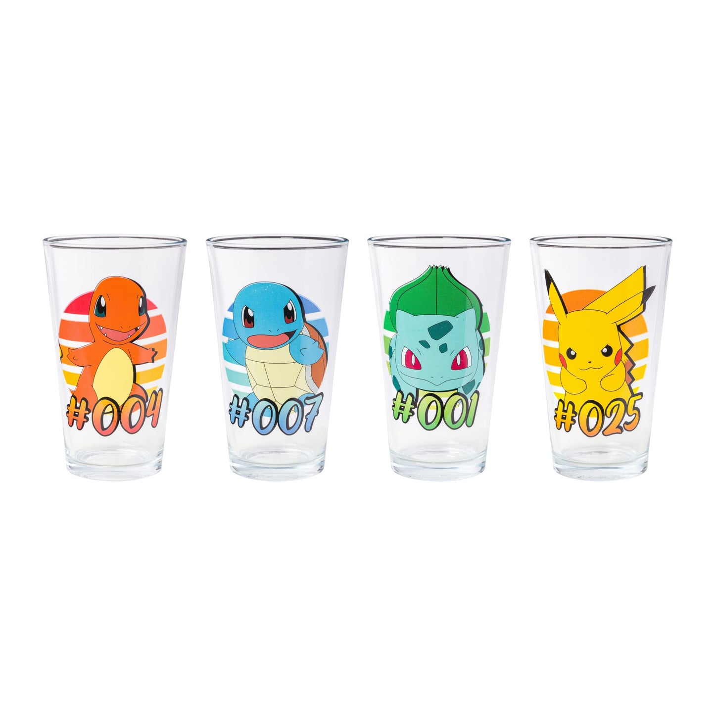 Silver Buffalo Pokemon Original Starters Feautirng Charmander, Squirtle, Bulbasaur, and Pikachu 4 Pack Pint Glass Set, 16 Ounces