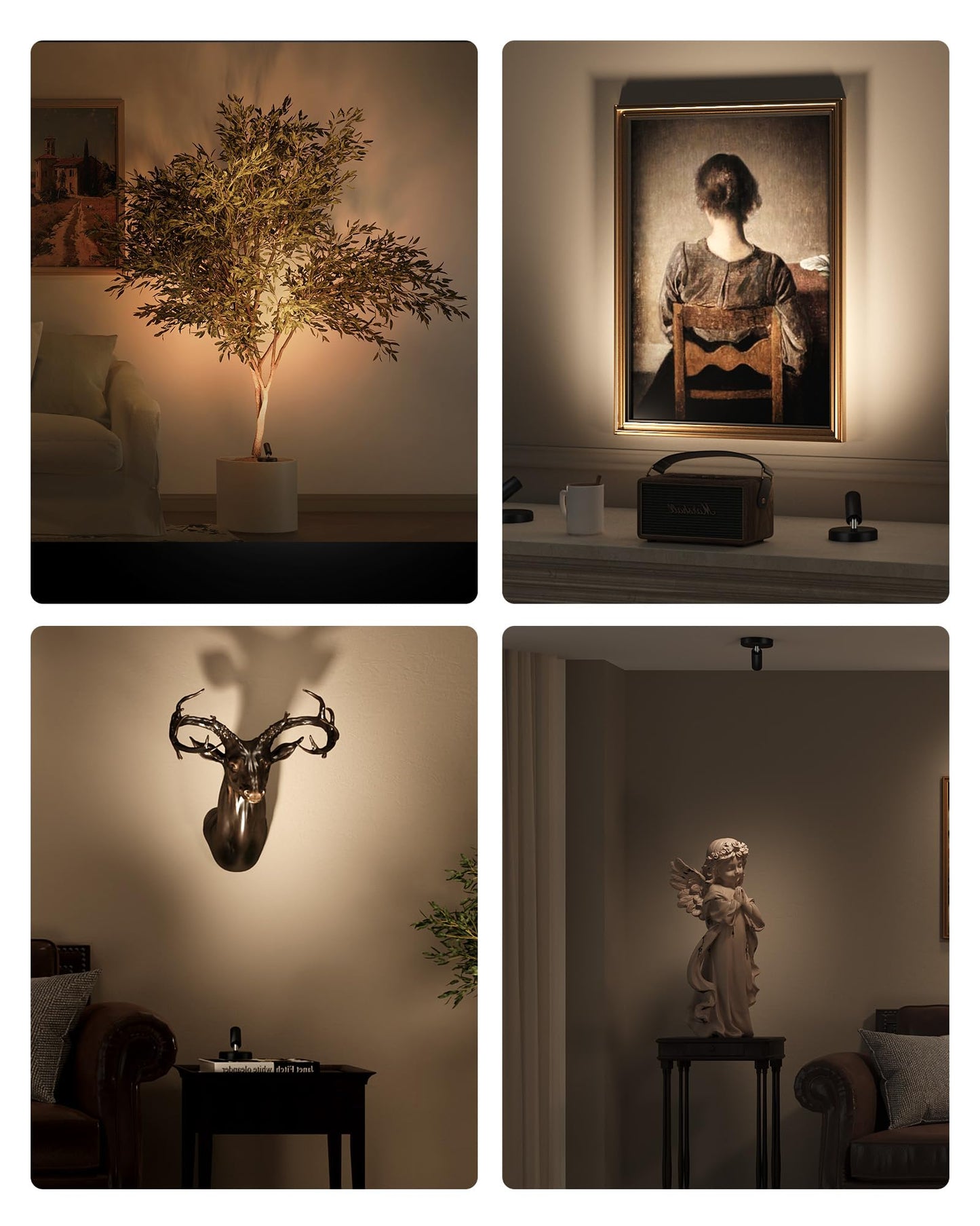EZVALO Spotlights Indoor with Remote, 5500mAh Rechargeable Picture Lights, Wireless LED Uplighting with Timer & Dimmable, 3-CCT, Mini Plant Spot Lights for Painting, Artwork (4-Pack-Black)