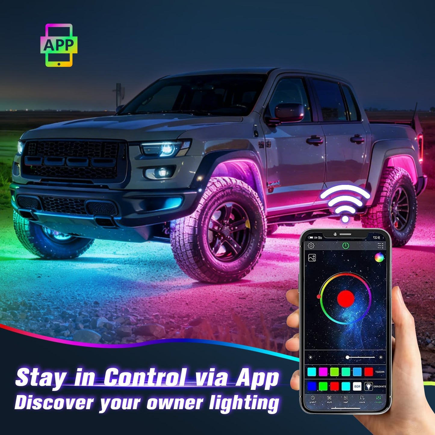 16 Pods 5-Sided RGB Rock Lights for Trucks Cars - IP67 Waterproof Exterior Underglow Neon Kit, Music Sync APP + RF Remotel, Easy No-Drill Install, Universal Fit for SUVs/Off-Road/Daily Use