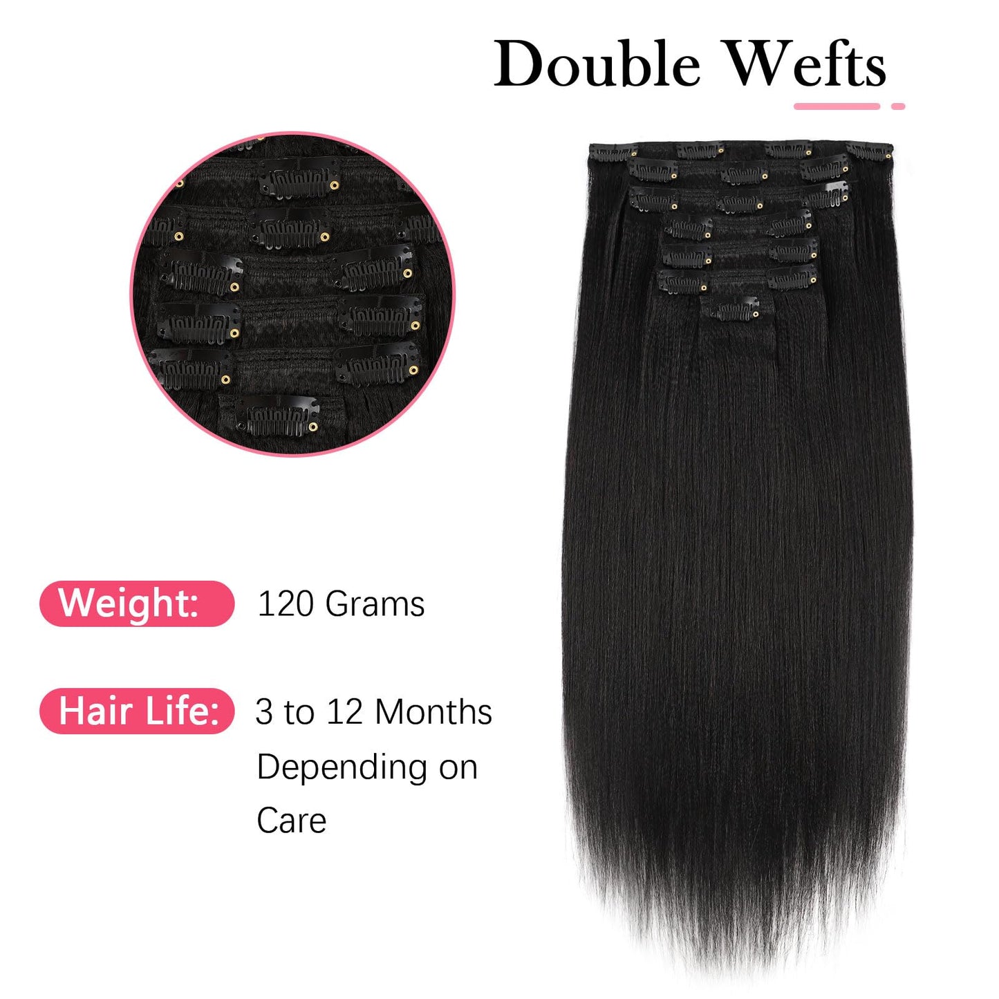 Sassina Real Remy Thick Yaki Straight Clip in Virgin Human Hair Extension Natural Black Double Wefts for African American Black Women 7 Pieces 120g with 17 Clips, YS 18 Inch