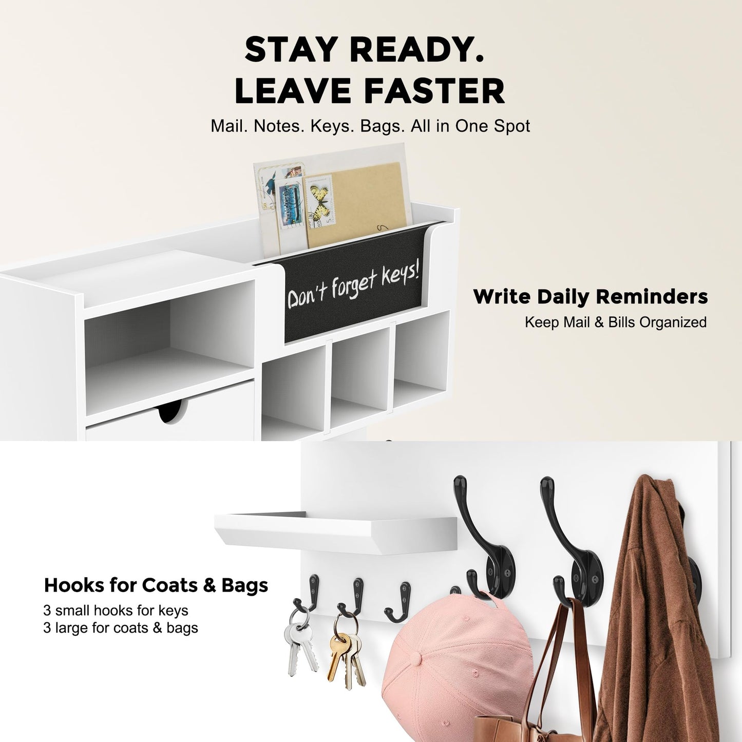 QooWare Key Holder Wall Mount with Mail Slot, Wall Key Holder with Chalkboard, Drawer & 7 Hooks, Key Hooks for Wall, Key Hanger Organizer for Entryway Keys Coats Bags, White Farmhouse