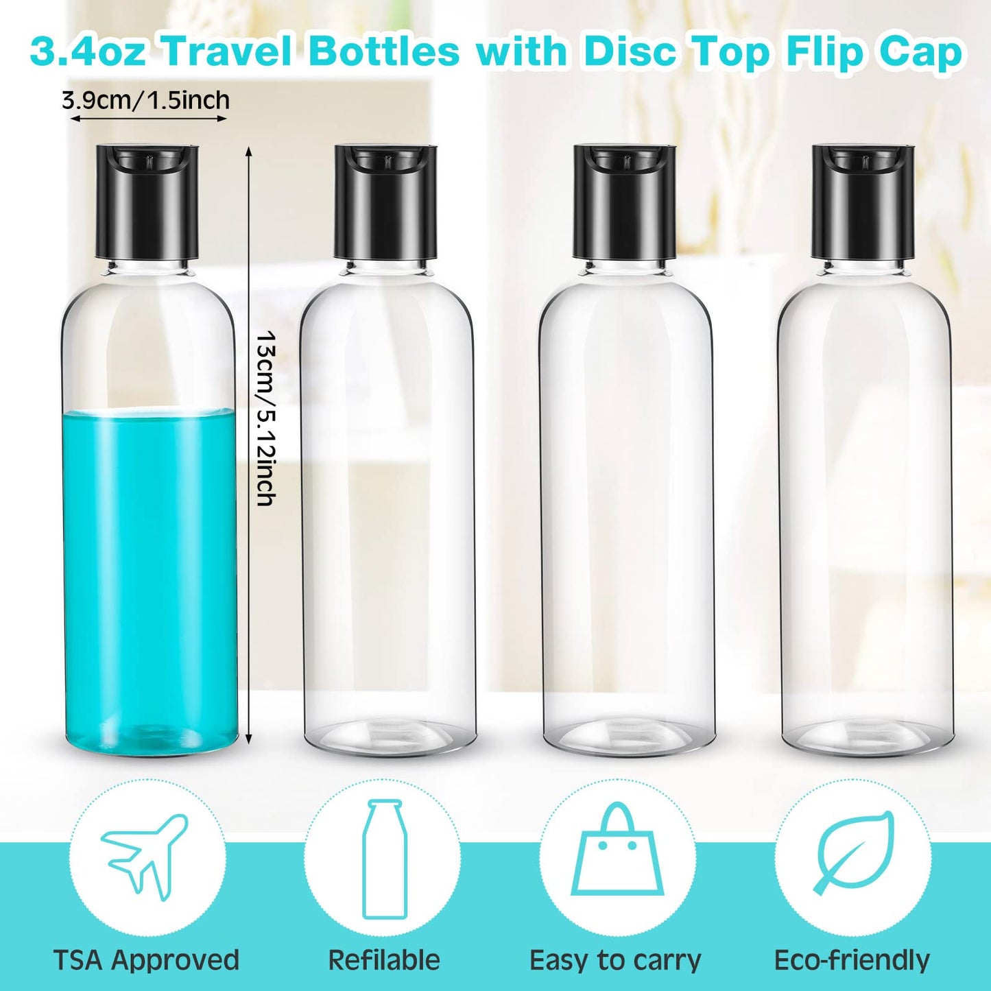 Roshtia 100 Pcs 3.4 oz Plastic Bottles Toiletries Empty Travel Size Containers Leak Proof Squeeze Bottles Refillable Travel Lotion Container for Cream Conditioner(Black)
