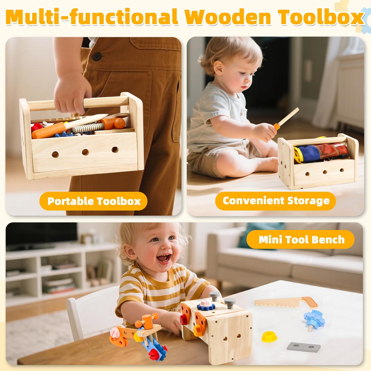 TONZE Kids Tool Set with Apron Wooden Toddler Tool Bench Box Montessori Toys for 2 3 4 Year Old Boys Girls Educational STEM Building Toys Pretend Play Toddler Toys 3 to 5 Years Old Birthday Gift