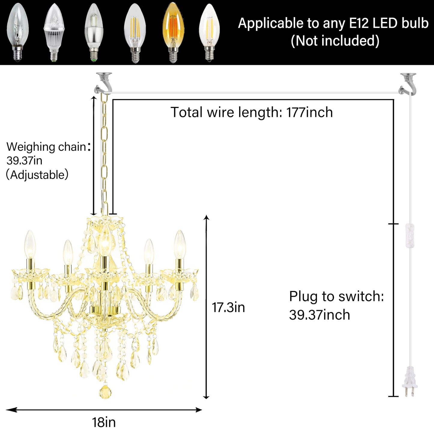 PAPAYA Plug-in 5 Light Gold Crystal Hanging Pendant Lights Acrylic Chandelier with Cord & On/Off Switch H19 D19.7 for Kitchen Island Girls' Room Dining Area Laundry Pavilion