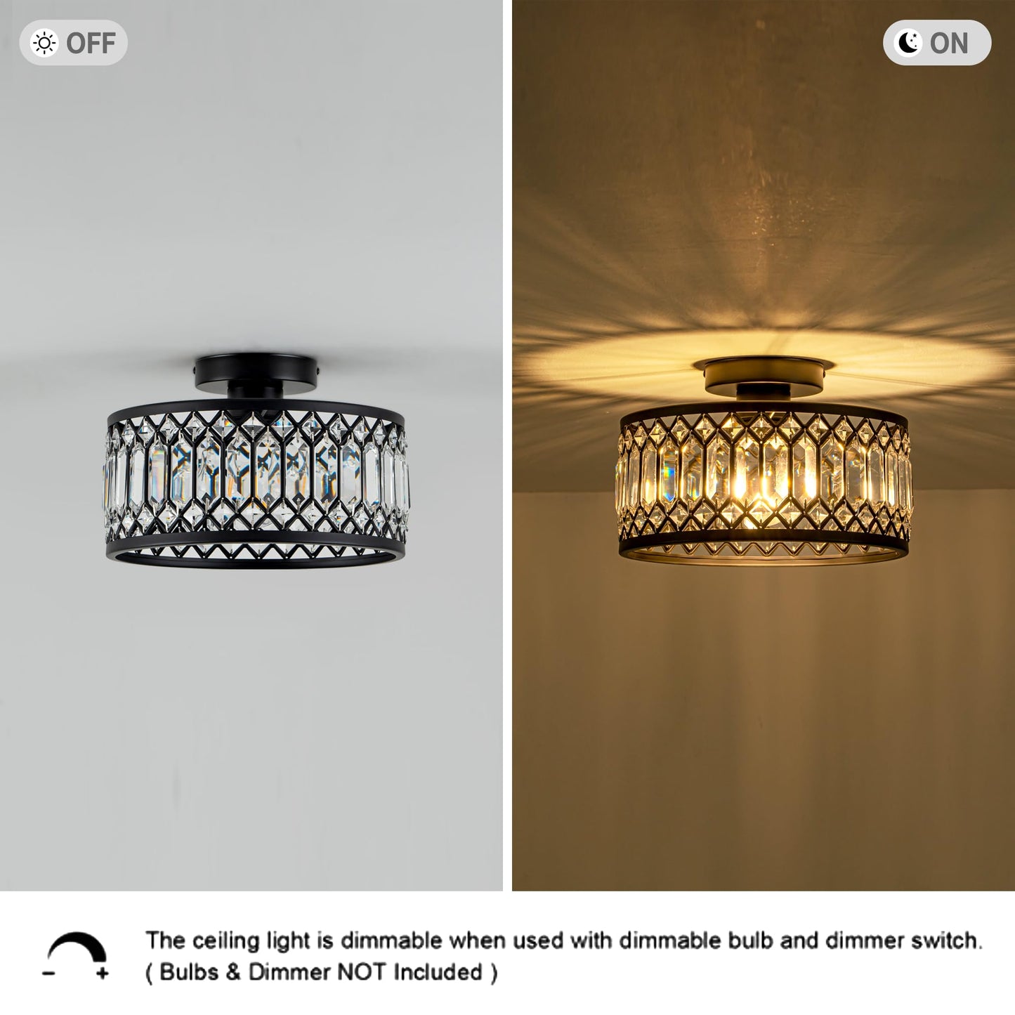 Rpzloila Crystal Ceiling Light Fixture, Modern Flush Mount Ceiling Light, Black Crystal Chandelier for Kitchen Bedroom Bathroom Entryway Hallway