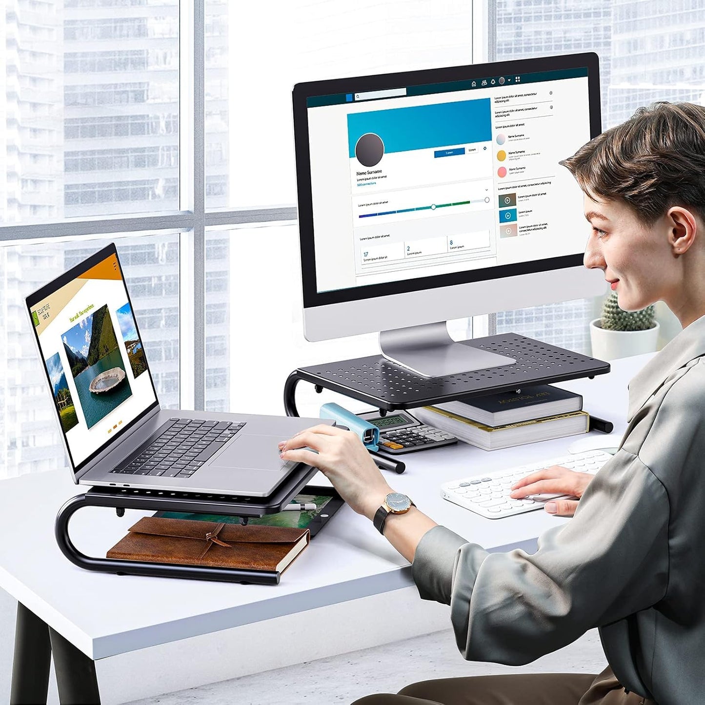 HUANUO Monitor Stand Riser for Desk, Laptop Stand, Laptop Shelf w/Vented Metal, Desktop Computer Stand Desk Organizer for Laptop, PC, Printer
