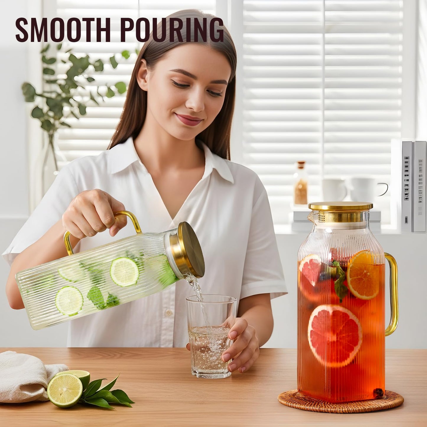 2 Pack 2 Liter/68 oz Square Glass Pitcher with Lid, Classic Stripes Water Pitchers with Handle for Fridge, Large Jug for Iced Tea, Coffee, Borosilicate Glass Carafe for Hot/Cold Brew Drink, Gold