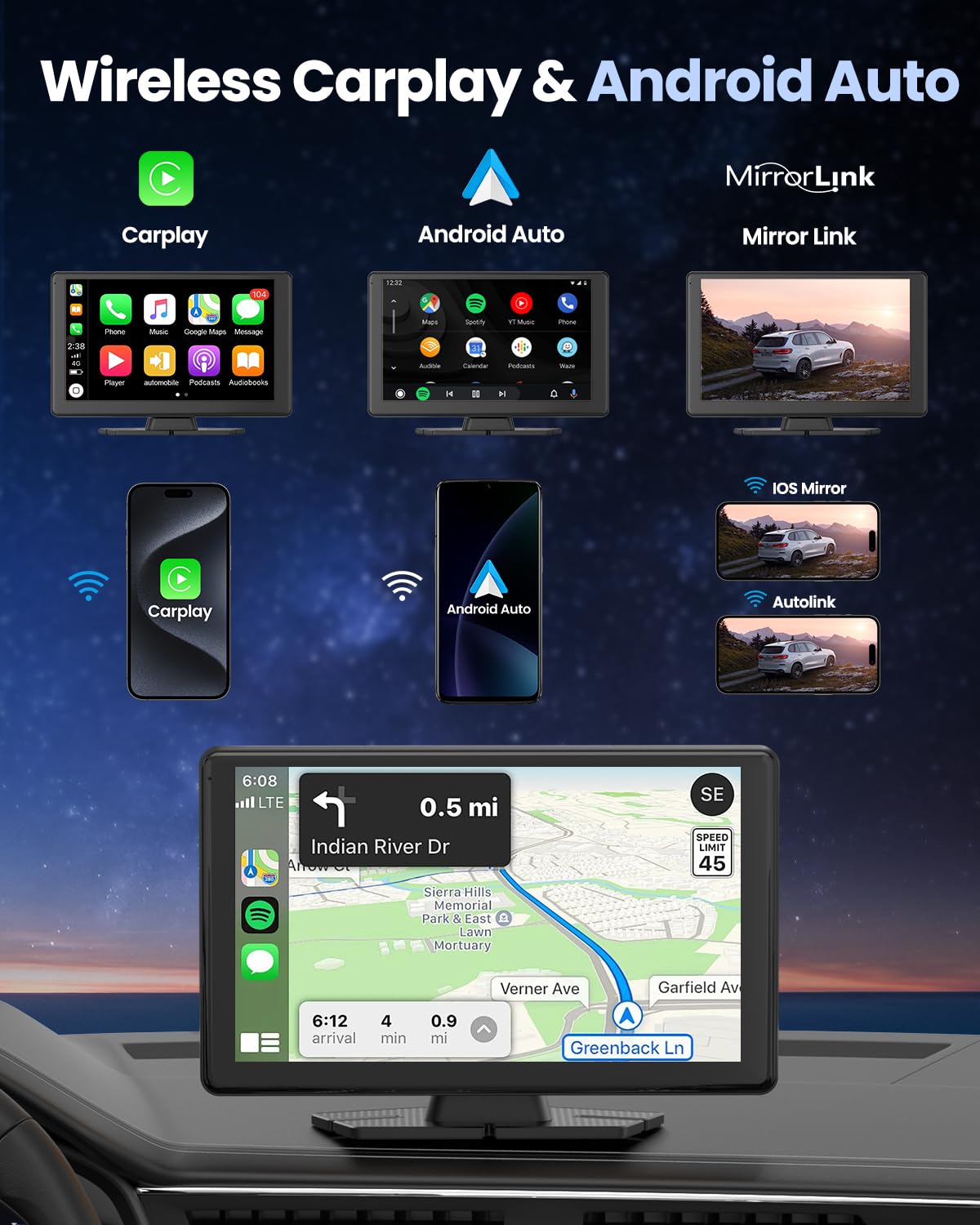 VyKure Portable Carplay Screen for Car 5K Dash Cam, 9" Wireless CarPlay & Android Auto Car Audio Receivers with 1080p Backup Camera, Bluetooth/GPS Navigation/Voice Control/Mirror Link (Black)