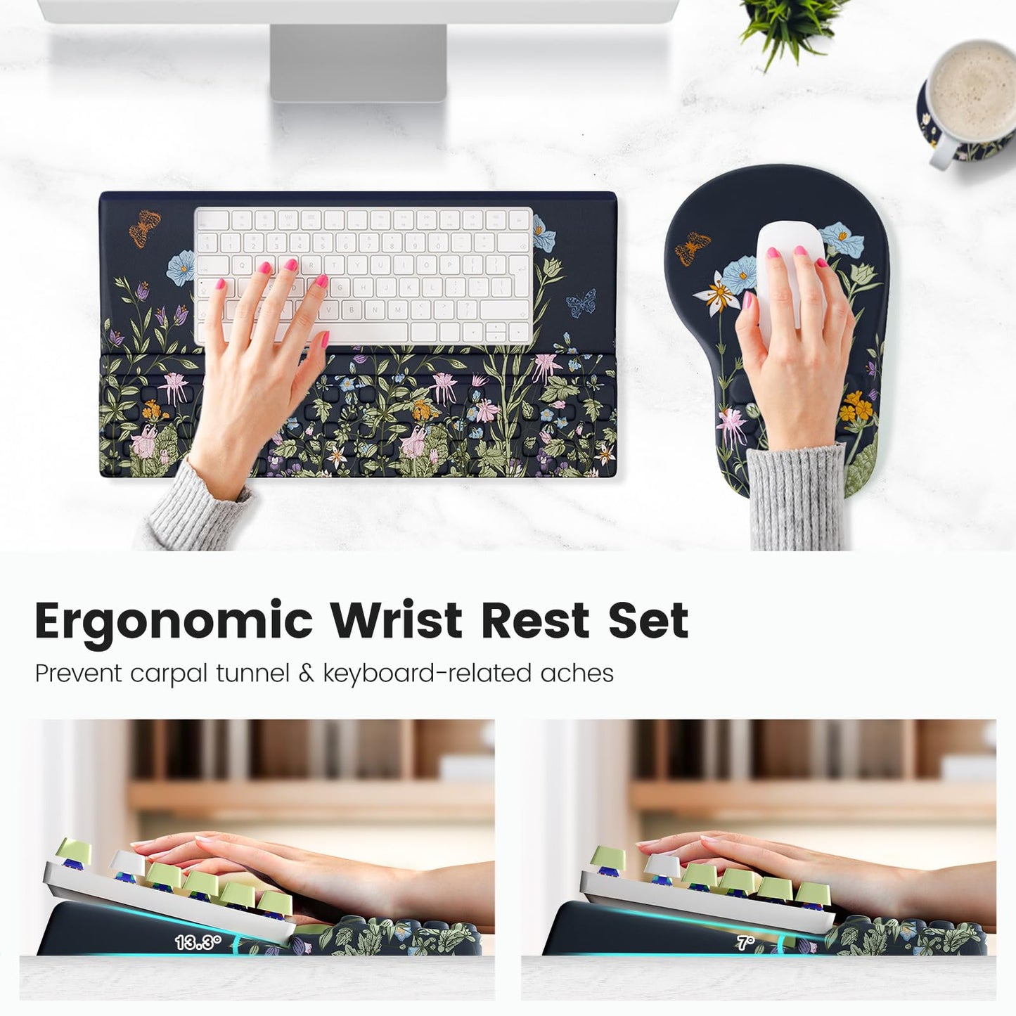 Ospelelf Ergonomic Mouse Pad and Keyboard Stand Wrist Rest Set, Memory Foam Comfort, Pain Relief for Typing, Office Desk Accessories, Moonlit Blossoms