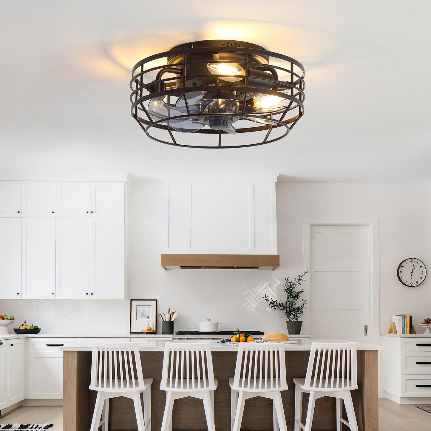 Youroke Farmhouse Caged Ceiling Fan with Light, Bladeless Flush Mount Fan Lights Ceiling Fixtures with Remote, 12 in 6 Speeds Indooor Lights for Kitchen, Living Room, Bedroom, Black