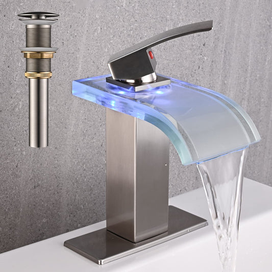 AVSIILE LED Bathroom Sink Faucet, Brushed Nickel Waterfall Single Hole Handle Vanity Faucets for Sinks 1 Hole with Metal Pop Up Drain and 2 Water Supply Lines, Wide Glass Spout