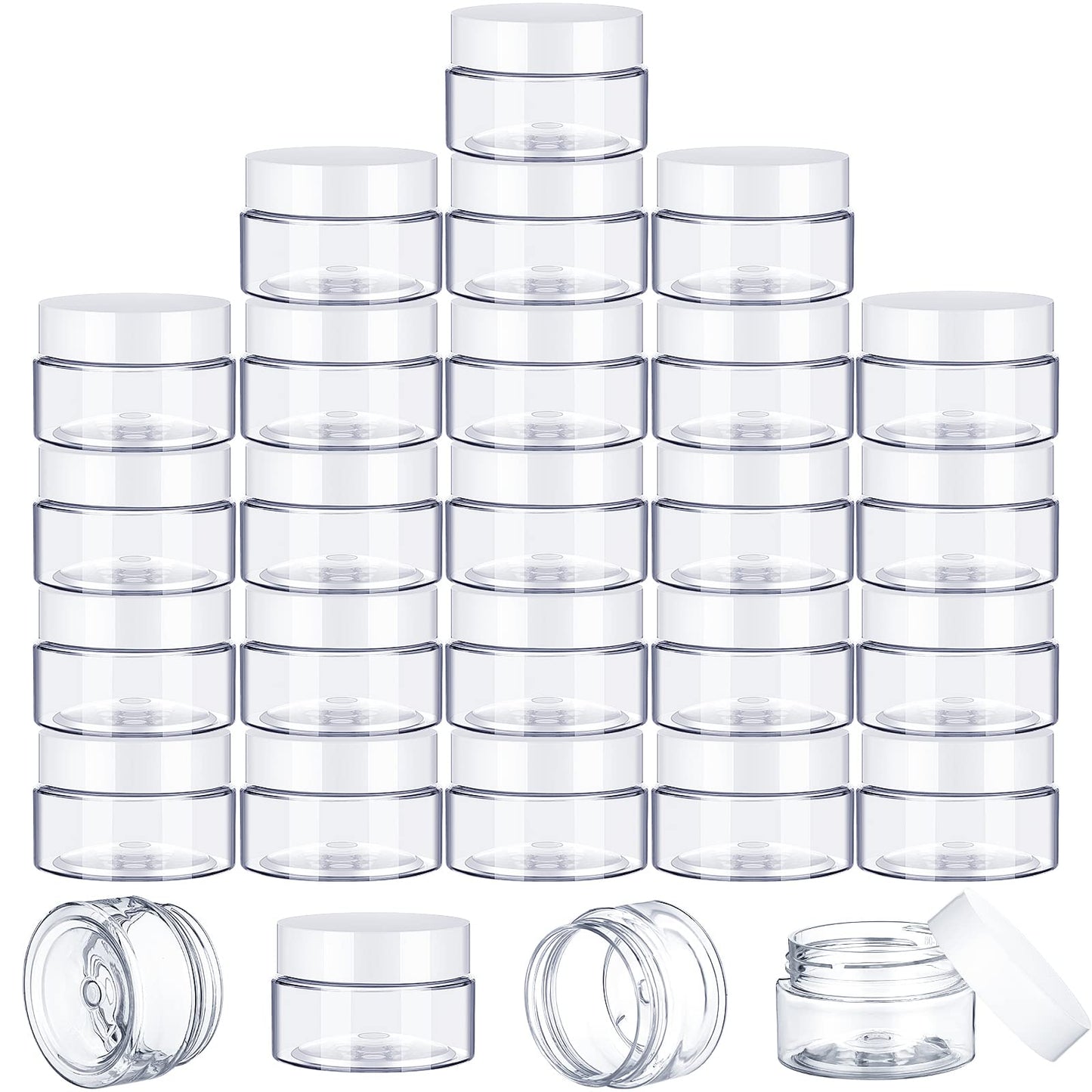 SATINIOR 100 Pcs Plastic Jars with Lids Small Clear Containers with Lids Wide Mouth Small Plastic Containers for Lotion Cream Rhinestones Body Butters Travel Storage (Clear with White Lid, 2 oz)