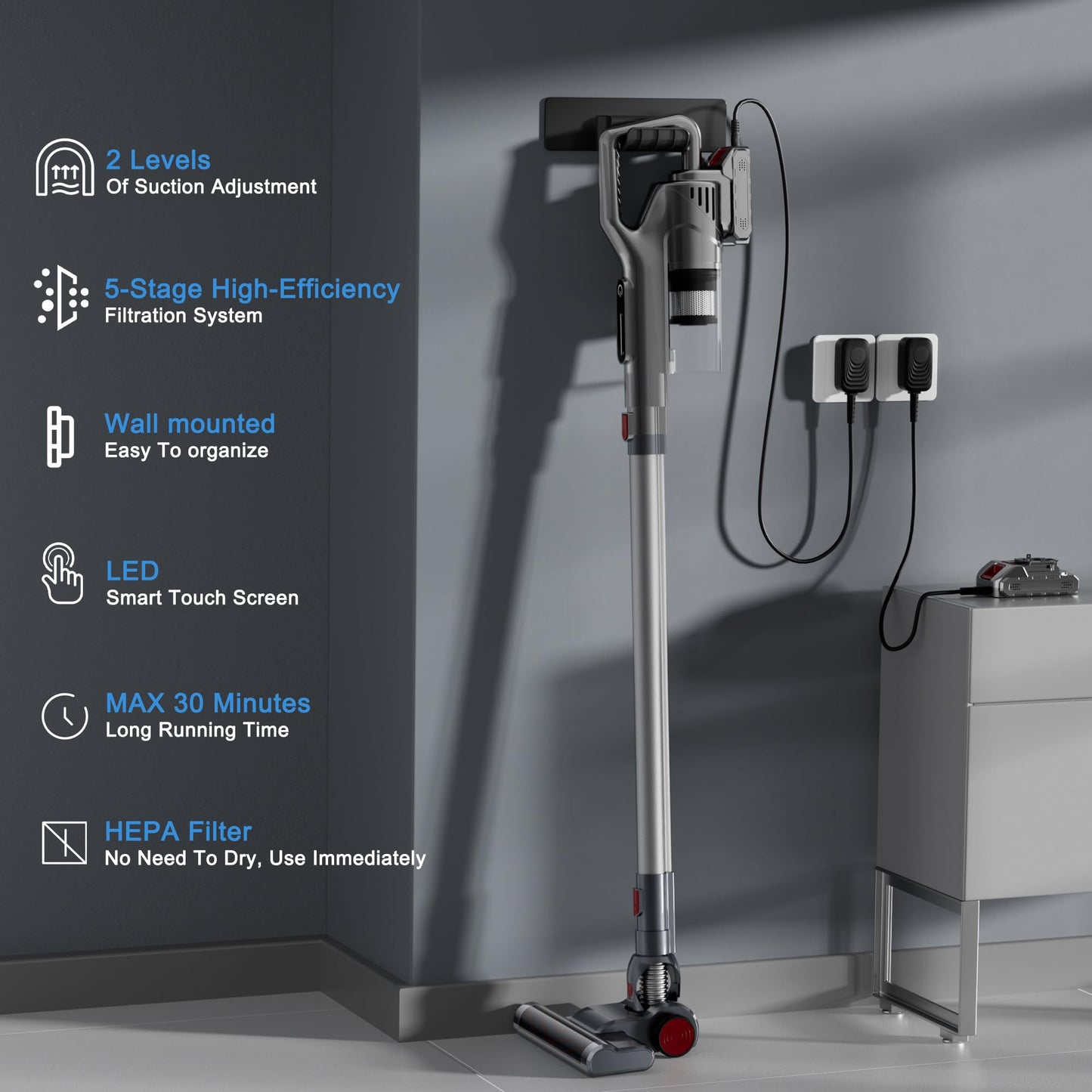 kzxkgxl Cordless Vacuum Cleaner, Lightweight Stick Vacuum Cordless Rechargeable with LED Touch Screen, 2 Modes Powerful Suction Vacuum Cleaners for Home Pet Hair, Carpets, Hardwood Floors