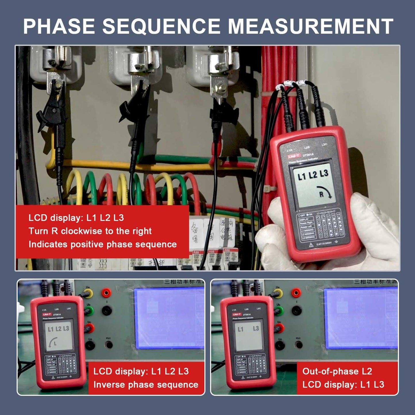UNI-T 3-Phase Rotation Meter Sequence Tester, AC Phase Sequence Indicator 40V-690V Lack Phase Meter Motor UT261A