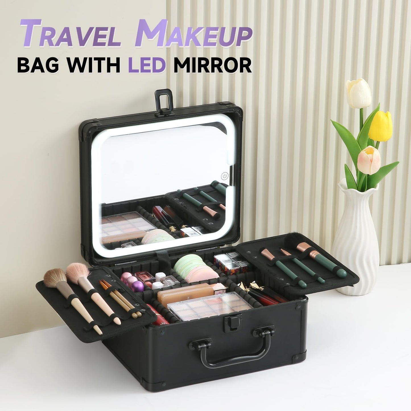 Leeora&Leekoo Makeup Box with A Detachable Lighted Mirror, Waterproof Travel Train Case, Cosmetic Organizer and Makeup Suitcase with Adjustable Dividers, LED Mirror (Black, Plane)