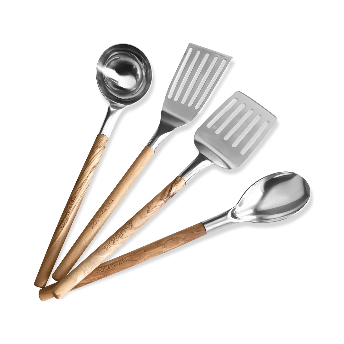 Premium Cooking Utensil Set – Salt & York 4-Piece Olive Wood and Stainless Steel Non-toxic Kitchen Tools with Handcrafted Wooden Handles – Spatula, Ladle, Spoon – Gift for Home Cooks, Kitchen Gift