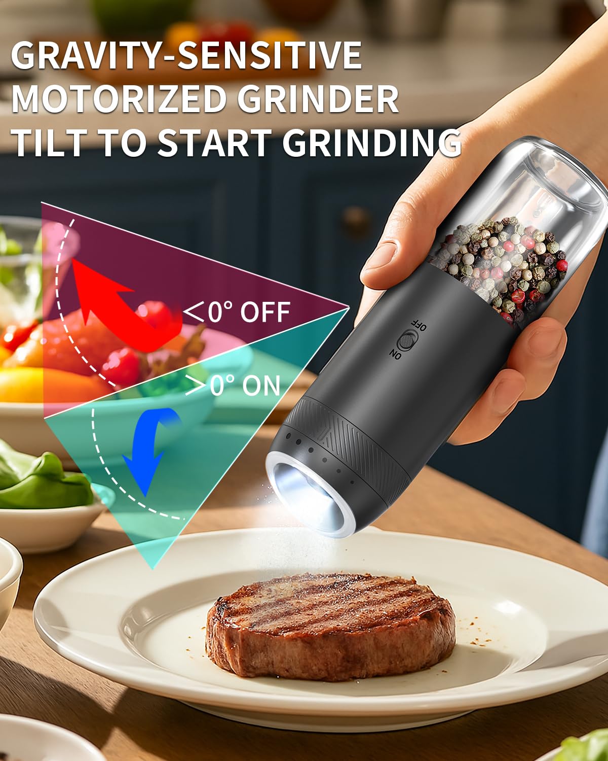 CIRCLE JOY Rechargeable Salt and Pepper Grinder Set, Gravity Sensor Electric Salt and Pepper Grinder Set with External Adjustment, 176ml Capacity and One-handed Operation, Black