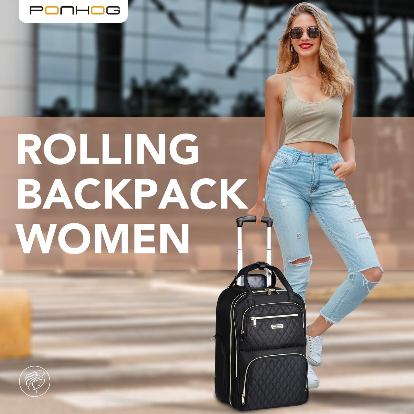 Ponhog Rolling Backpack for Women, 15.6 Inch Travel Laptop Wheeled Backpack, 30L Roller Carry on Luggage for Adults Business College Work Overnight, Stylish Personal Item Suitcase, Black