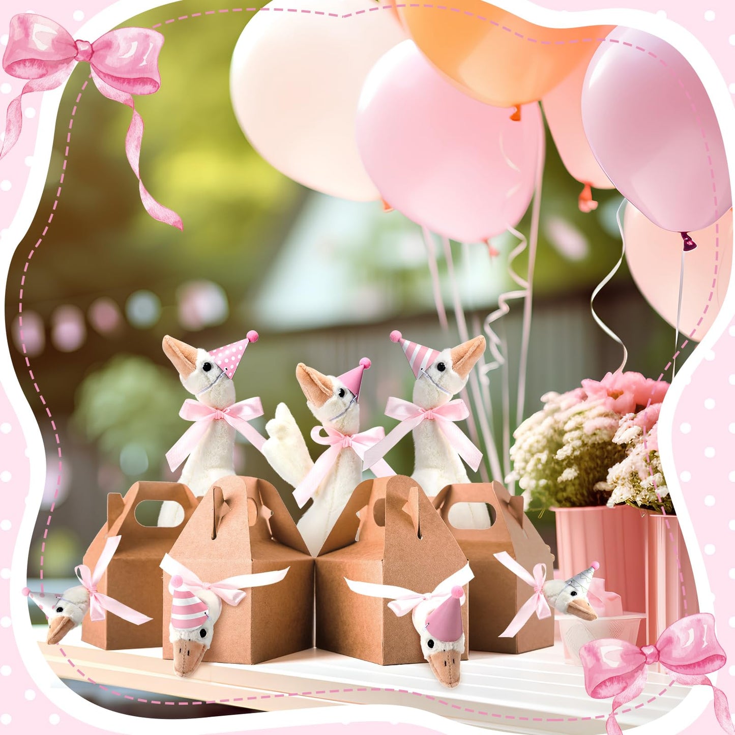 Halloscume One Silly Goose Party Favors Stuffed Animal Plush Toy and Mini Birthday Party Hats with Ribbon Bow(Pink,10 Set)