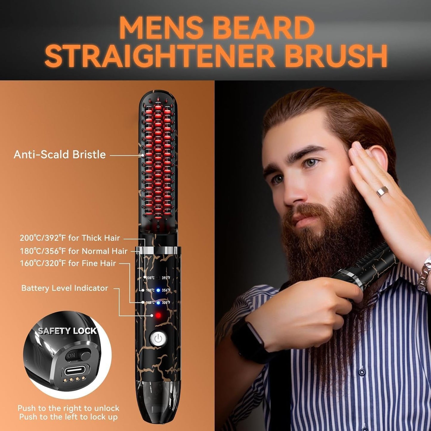 Beard Straightening Heat Brush for Men Cordless Beard and Hair Straightener Hot Comb with 3 Temp Settings, Mini and Anti-Scald丨Auto Shut Off for Home Travel, Gifts for Men