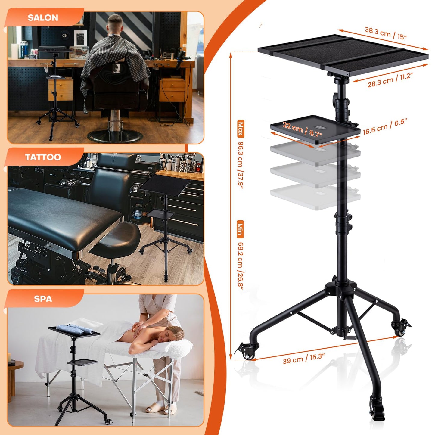 Noverlife Salon Tray Cart on Wheels with Storage Platform, Tattoo Rolling Tray Height Adjustable Salon Service Tray Tattoo Cart, Iron SPA Rolling Cart Portable Tattoo Table Stand for Salon Dental
